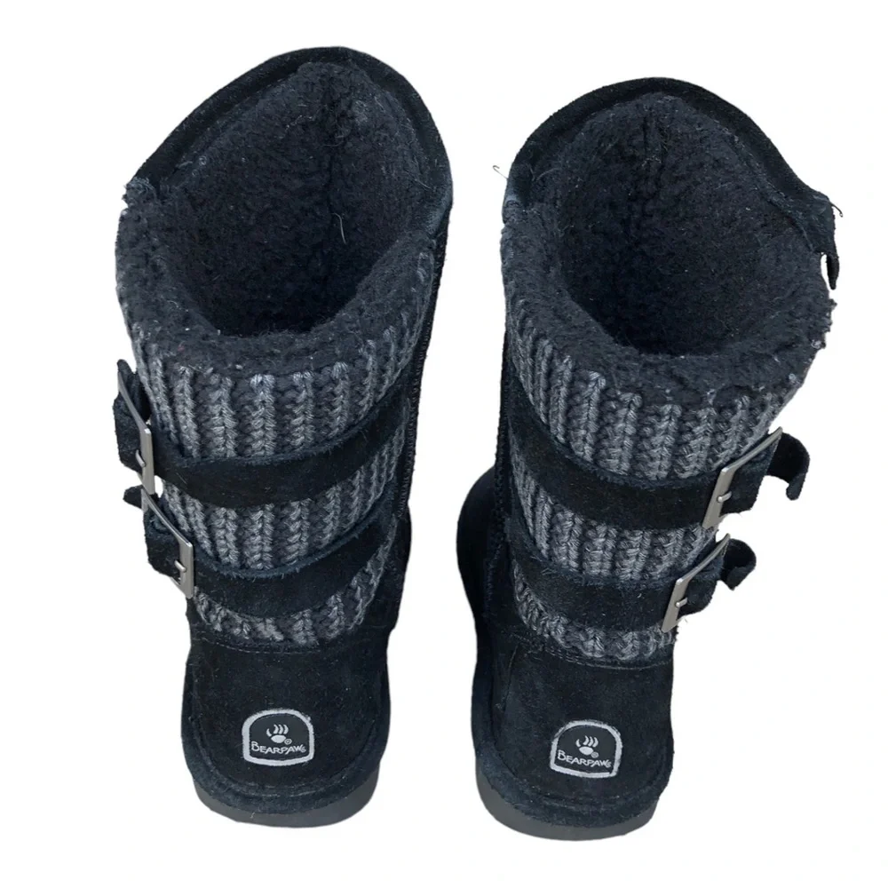 Bear Paw Women's Suede Knit Sheepskin Mid Calf Boots Boshie Size 4 Youth Black.